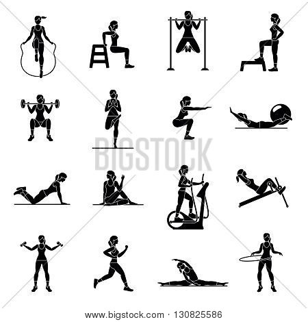 Fitness Aerobic and workout exercise in gym. Vector set of gym icons isolated on white background. People in gym. Gym equipment dumbbell weights treadmill ball.