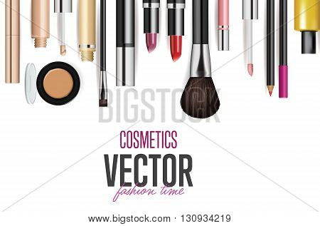 Cosmetics poster. Brushes, powder, lipstick, eye pencil, nail polish. Cosmetics concept design for cosmetics ads, beauty salon, shop. Fashion cosmetics product presentation poster. Makeup accessories set. Cosmetics sale background. Fashion illustration.