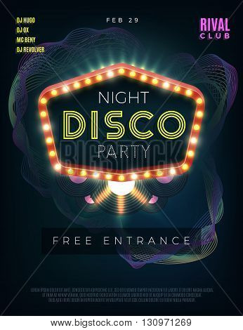 Night disco dance party poster with glowing frame. Vector design template. Dance disco, disco party music, club event disco dance, poster disco party illustration