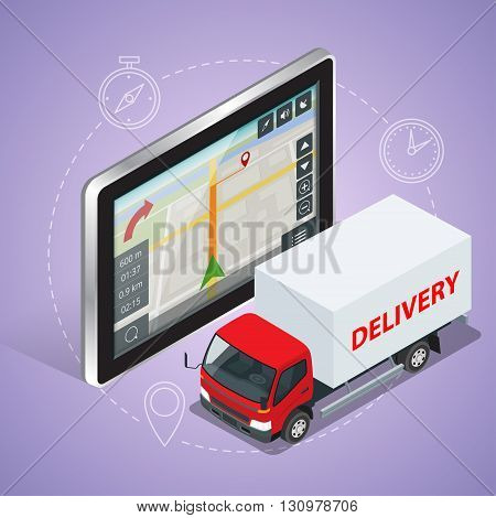 GPS truck. Geolocation gps navigation touch screen tablet and Fast delivery service.  Fast shipping,  express delivery,  free delivery,  fast delivery icon. Flat 3d vector isometric illustration