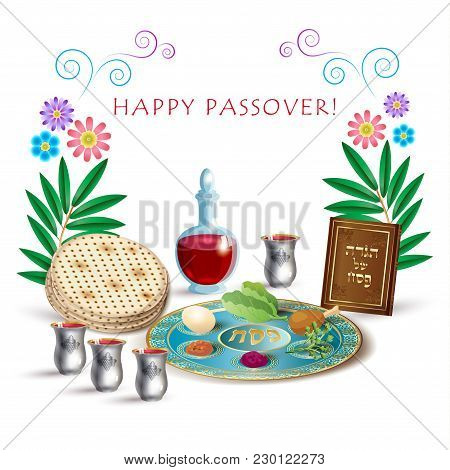 Happy Passover Jewish Holiday Greeting Card With Four Wine Glass, Matza - Jewish Traditional Bread F