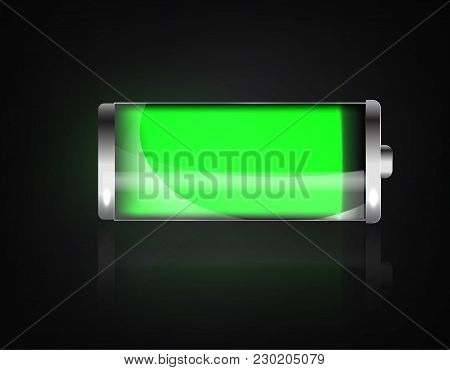 Charged Battery. Full Charge Battery. Battery Charging Status Indicator. Glass Realistic Power Green