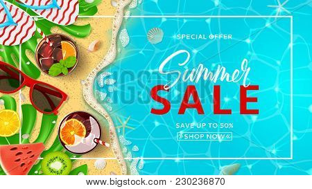 Promo Web Banner Template For Summer Sale. Top View On Summer Decoration With Realistic Objects On B