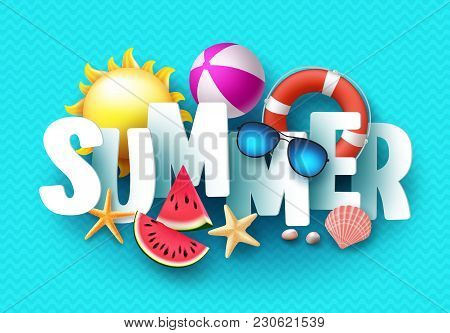 Summer 3d Text Vector Banner Design With White Title And Colorful Tropical Beach Elements In Blue Pa