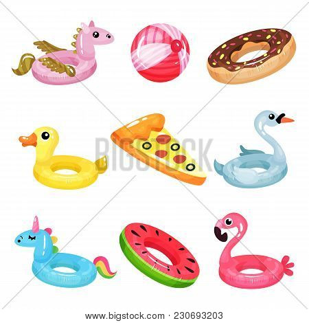 Set Of Inflatable Swimming Accessories. Rubber Ball. Rings In Various Shapes Pegasus, Donut, Swan, D