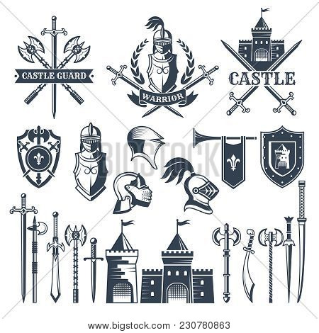 Monochrome Pictures And Badges Of Medieval Knight Theme. Illustrations Of Helmets, Swords. Vector Sh