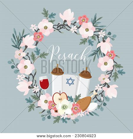 Pesach, Passover Greeting Card. Hand Drawn Floral Wreath With Torah, Jewish Star, Egg, Apple, Glass 