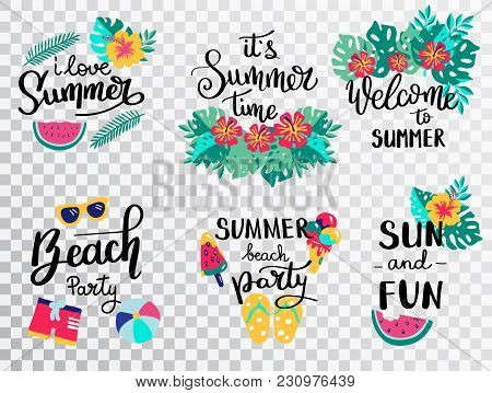 Summer Lettering. Set Hand Drawn Icons, Signs And Banners. Bright Summertime Poster. Collection Summ