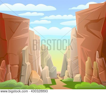 Rocky Mountain Gorge. Grass And Road. Stone Rocky Landscape. High Peaks And Cliffs. Sky With Clouds.