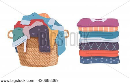 Dirty And Clean Clothes. Apparel Heap With Stains In Basket And Washed Clothing, Pile Different Towe