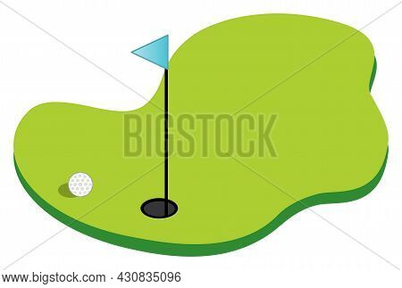 Image Of Golf Course With Flag Pole And Golf Ball On White Background. Golf Course Vector Illustrati