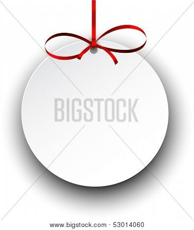 Christmas gift card with red ribbon and satin bow. Vector illustration. 