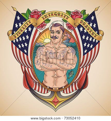 Old-school patriotic tattoo of a handsome sailor on the background of USA flags wrapped in a banner. Editable vector illustration.