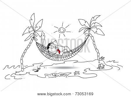 holiday. Joe is in holiday in a desert island. He tans in a hammock between two coconuts. Bye bye my boss loved.