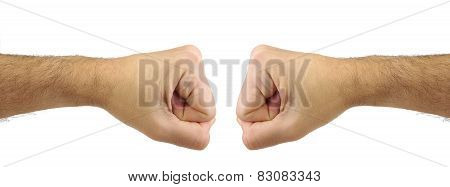 Two men fists punching each other. Confrontation gesture. Opposite concept