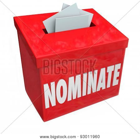 Nominate word on a red suggestion box to illustrate submitting an application or candidate for consideration