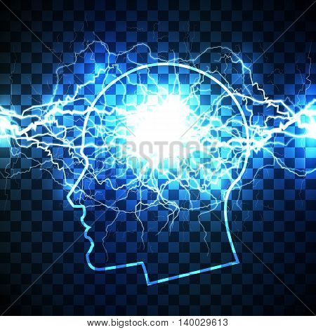 Power of human mind concept - head filled with storm of thoughts - realistic white lightning bolt created from intertwined white lightnings and surrounded with shining blue lights.