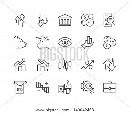 Simple Set of Stock Market Related Vector Line Icons. Contains such Icons as Gainers, Loosers, Bear, Bull, IPO, Currency Exchange and more Editable Stroke. 48x48 Pixel Perfect.