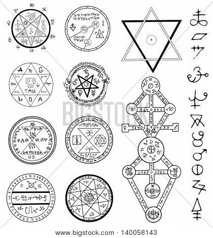 Mystic set with magic circles, pentagram and symbols. Collection of sketch doodle emblems with mystic and occult hand drawn symbols. Halloween and esoteric concept