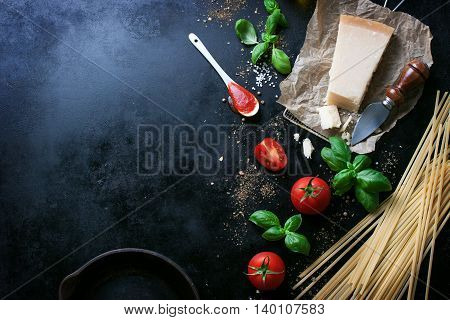 Food frame italian food background healthy food concept or ingredients for cooking pasta on a vintage background top view with copy space