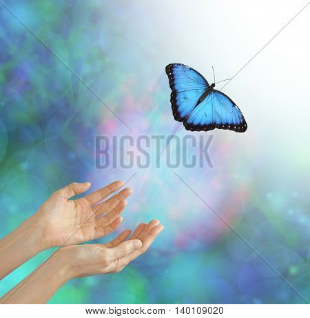 Into the Light - metaphorical representation of releasing or letting a soul go, into the light, using a butterfly, female hands and an ethereal background and white light