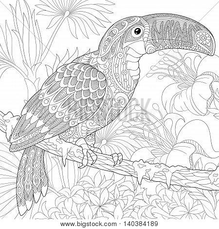 Stylized toucan bird sitting on palm tree branch among hibiscus flowers. Freehand sketch for adult anti stress coloring book page with doodle and zentangle elements.