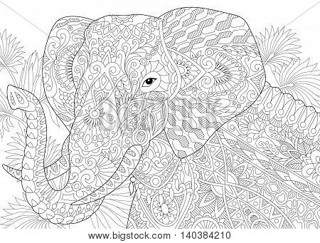 Stylized elephant among leaves of palm tree. Freehand sketch for adult anti stress coloring book page with doodle and zentangle elements.