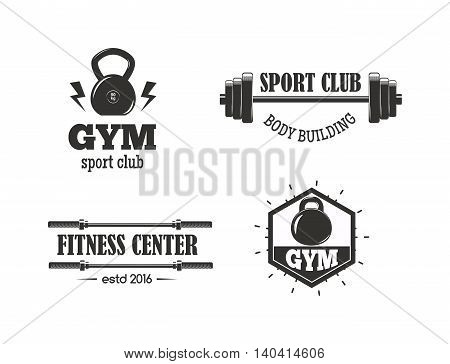 Set of monochrome gym fitness emblems, labels, badges, logos and designed elements. Gym fitness logo muscle body weight bodybuilding. Strong people club vector gym fitness logo set.