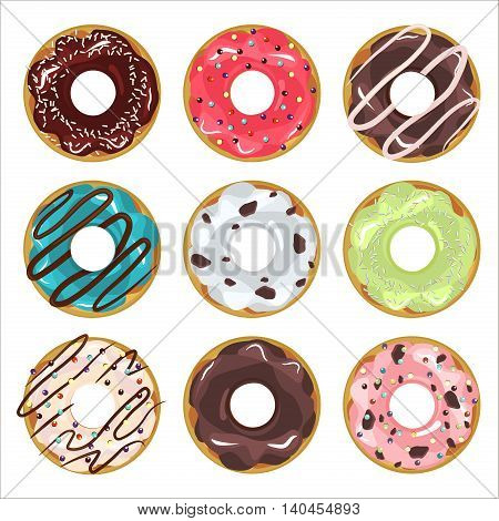 Collection of glazed colored donuts vector with icing sprinkles. Donut set with sprinkles isolated tasty cream doughnut. Pastry snack cake breakfast donut food bakery sugar chocolate delicious.