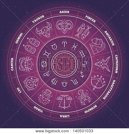 Zodiac circle with horoscope signs. Thin line vector design. Astrology symbols and mystic signs.