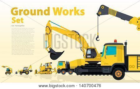 Yellow set of construction machinery machines vehicles, excavator. Construction equipment for building. Truck, Digger, Crane, Bagger, Mix, master vector illustration, nice ground works typography page