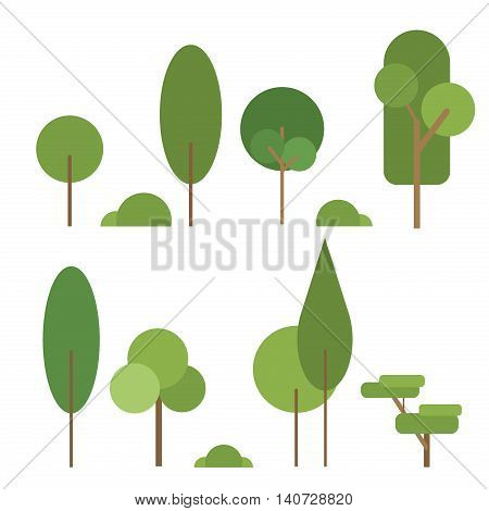 Set of abstract stylized trees. Natural trees vector illustration. Cartoon trees green nature and summer forest green trees collection. Trees leaf green plants and ecology forest oak trees eco branch.