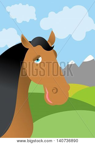 Horse And Summer Landscape. Head Animal In Nature. Gren Fields And Meadows. Blue Sky And Clouds