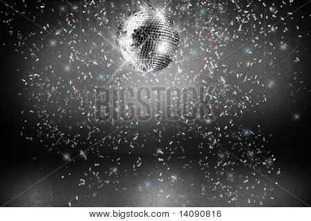 Disco ball with lights and confetti party background/ BW