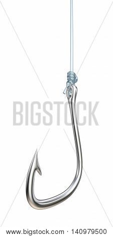 Isolated Fishing Hook and Line.  3d Render of Fishing Hook attached to Fishing Line with Clinch Knot.