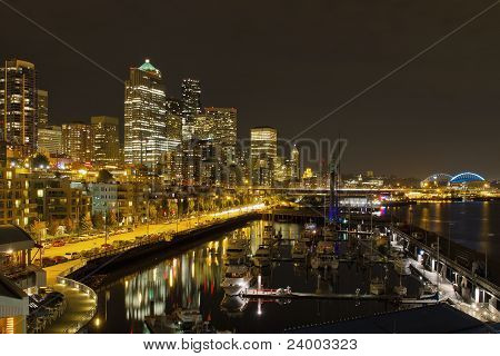 Seattle Downtown Waterfront Skyline At Night Reflection