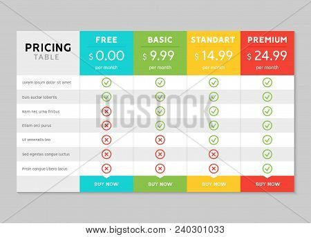 Pricing Table Design For Business. Price Plan Web Hosting Or Service. Table Chart Comparison Of Tari