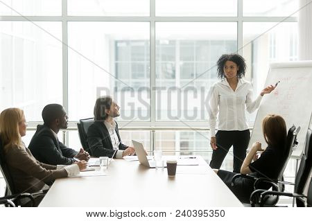 African American Businesswoman Giving Presentation To Executive Team In Meeting Room, Black Business