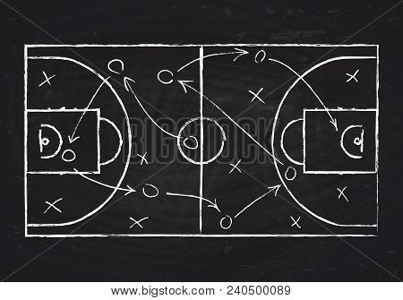 Chalkboard With Basketball Court And Game Strategy Scheme. Vector Illustration. Sport Instruction Bl