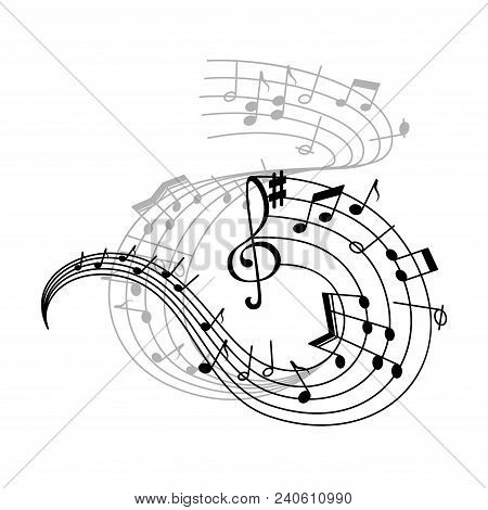 Music Note Stave Icon Of Musical Notation Symbols. Swirling Musical Staff With Notes Of Different Du