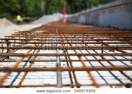 Construction Of The New Building. In The Construction Site, Steel Structure Is Under Construction. C