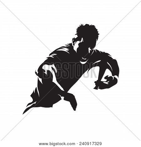 Rugby Player Running With Ball, Team Sport Logo. Isolated Vector Silhouette