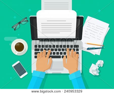 Writer Writing On Computer Paper Sheet Vector Illustration, Flat Cartoon Person Editor Write Electro