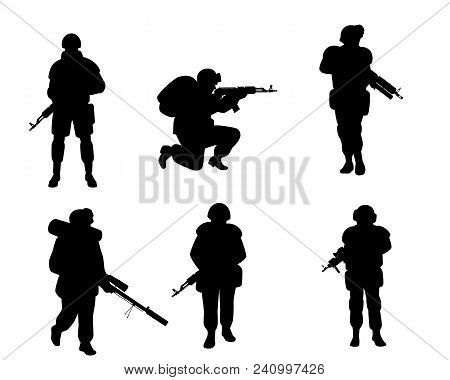 Vector Illustration Of Six Silhouettes Of Soldiers