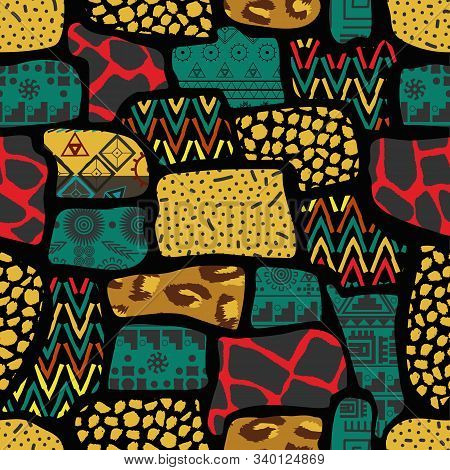 Ethnic Boho Seamless Pattern In African Style On Black Background. Tribal Art Print. Irregular Polka