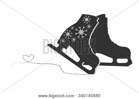 Vector Silhouette Of Skates With Heart-shaped Trace On Ice. 
Stylized Ice Skates On Ice Rink. 
Figur