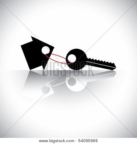 Concept Vector Of Buying House - Key Chain With Home Icon. The Graphic Also Represents Property Inve