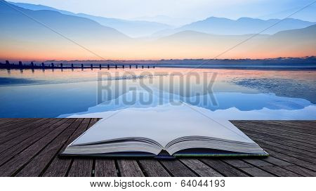 Book Concept Double Exposure Technique Effect Of Mountains And Sunrise Beach Landscape