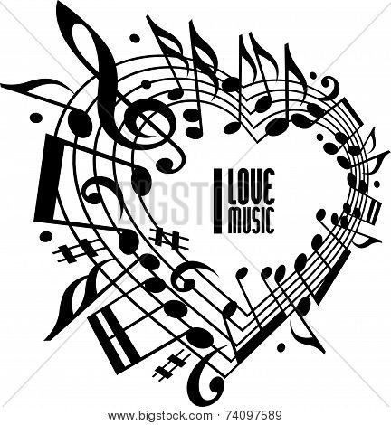 I love music concept, black and white design. Heart made with musical notes and clef, black and whit