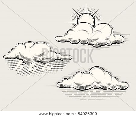 Engraving weather. Sun behind cloud, rain and lightning